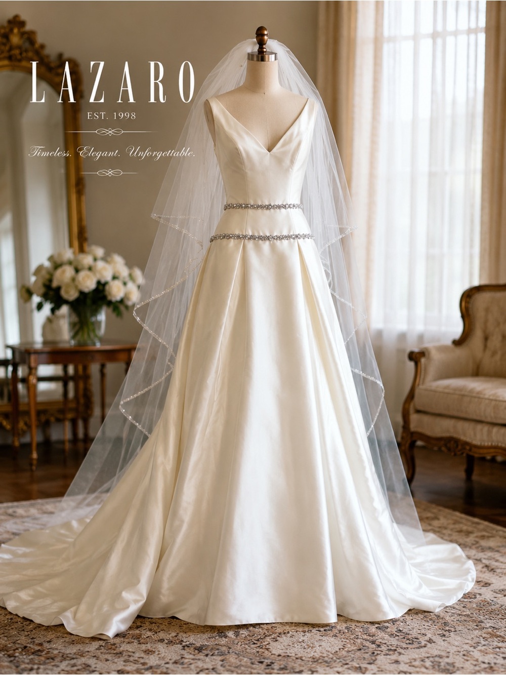 Lazaro 3007 Silk Wedding Gown + Swarovski Cathedral Veil Preserved Sz 12